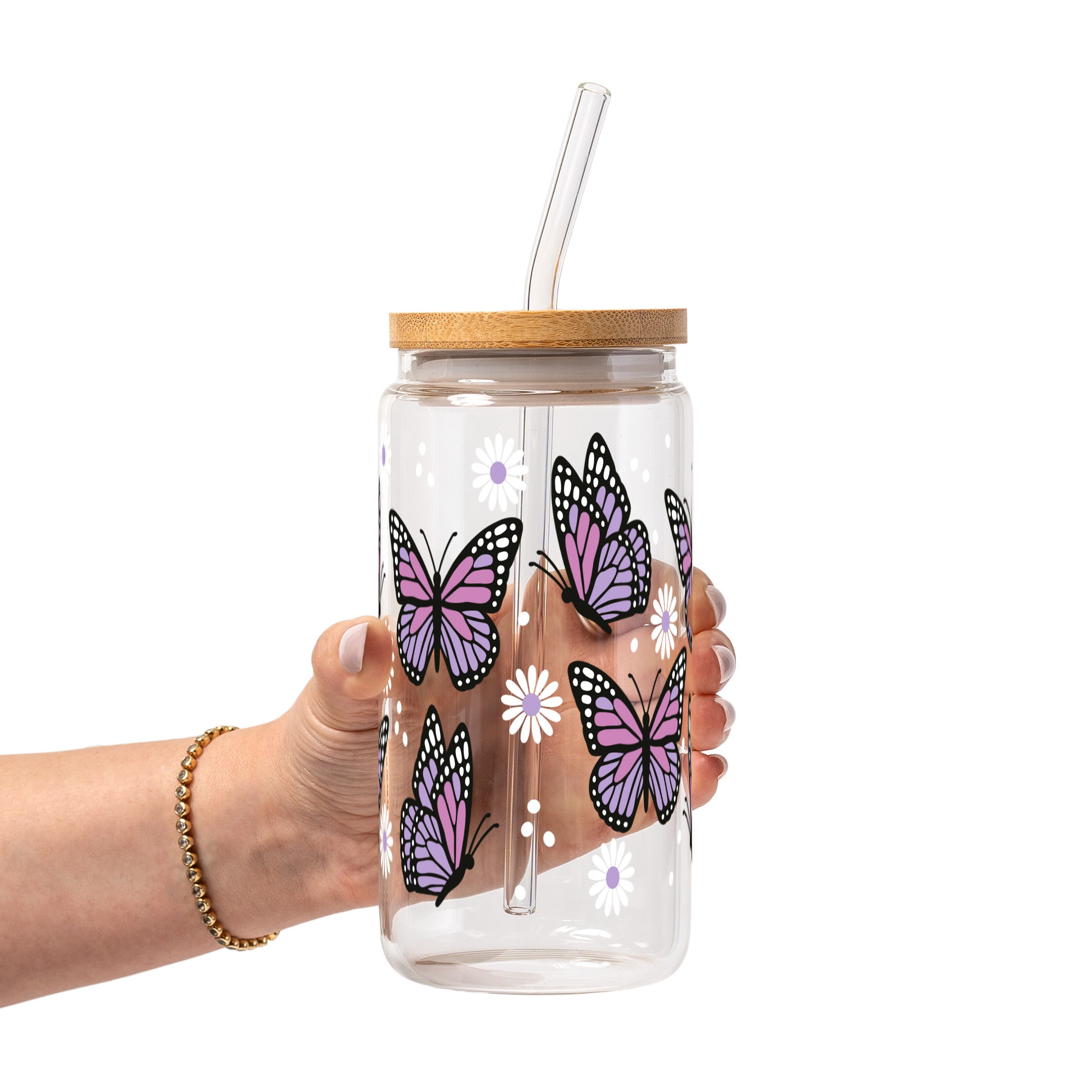 Butterfly Daisy Glass Cup, Mug & Tumbler with Lid and Straw