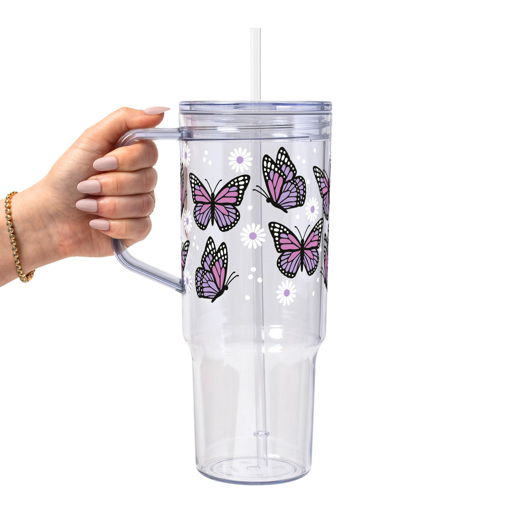 Butterfly Daisy Glass Cup, Mug & Tumbler with Lid and Straw