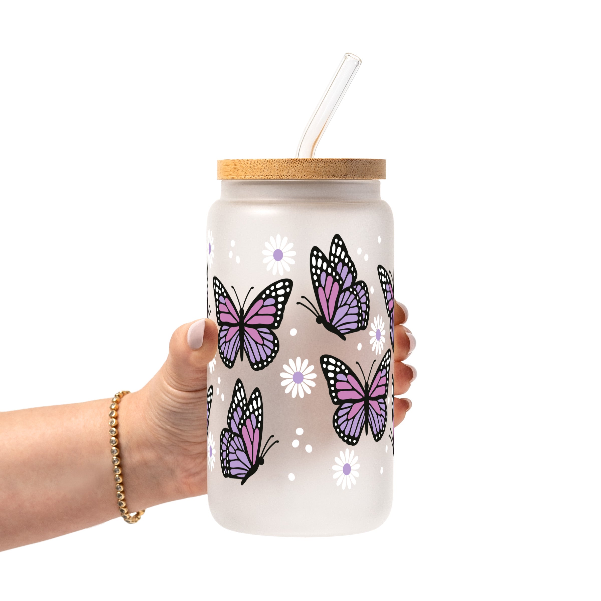 Butterfly Daisy Glass Cup, Mug & Tumbler with Lid and Straw