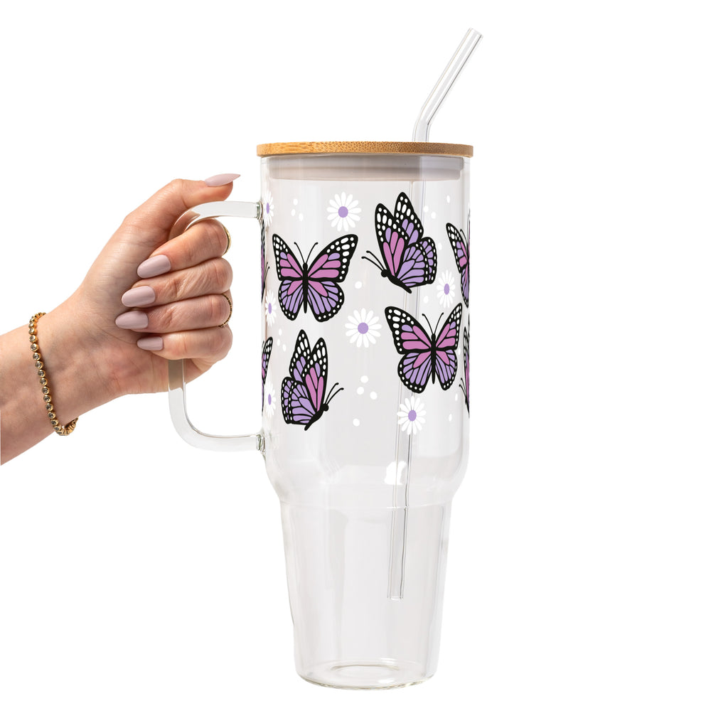 Butterfly Daisy Glass Cup, Mug & Tumbler with Lid and Straw