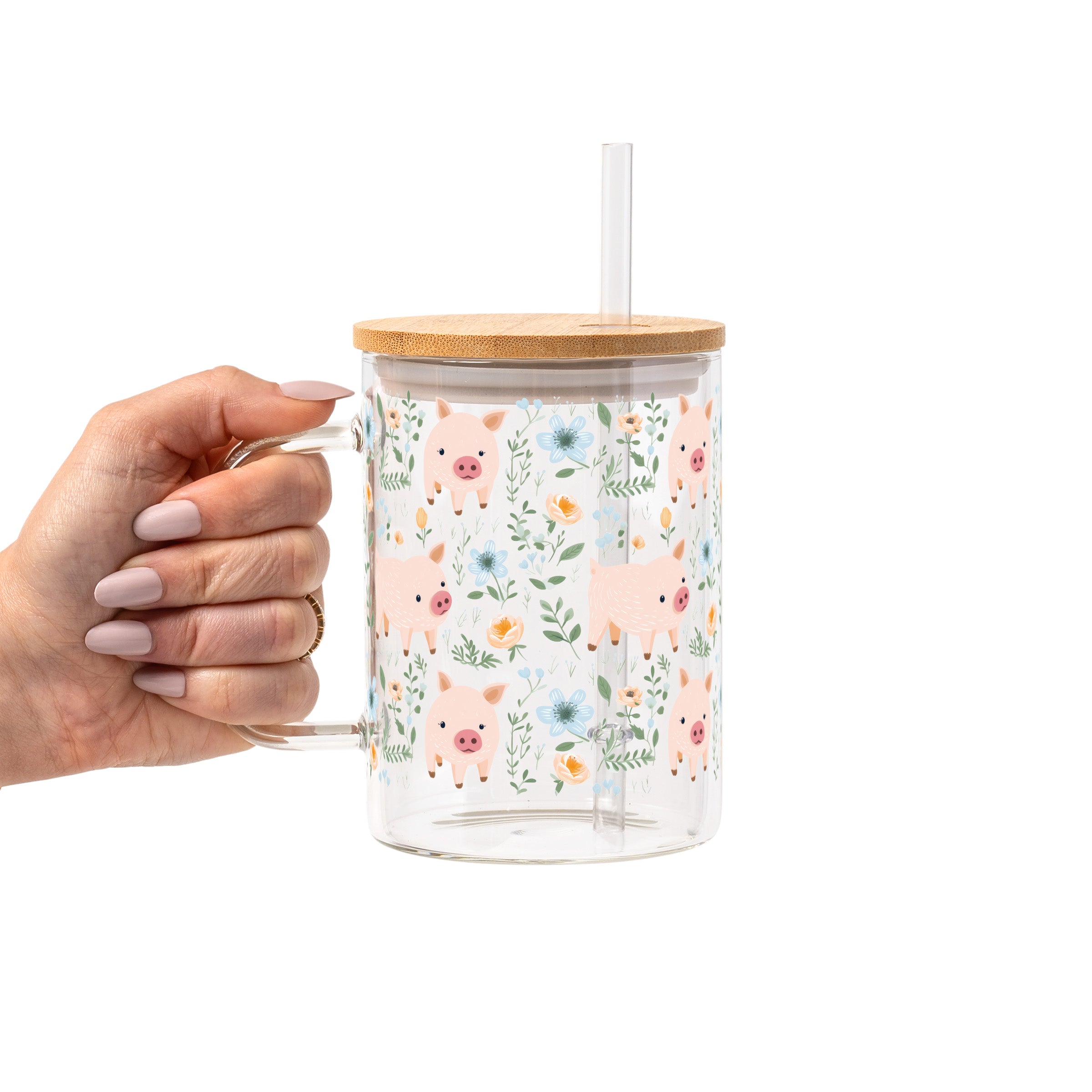 Piggies and Posies Glass Cup, Mug & Tumbler with Lid and Straw