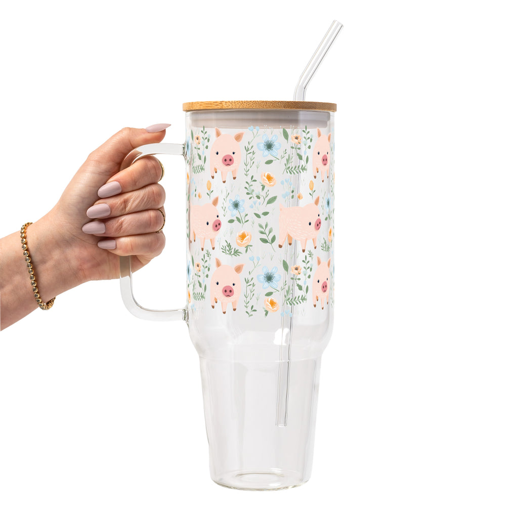 Piggies and Posies Glass Cup, Mug & Tumbler with Lid and Straw
