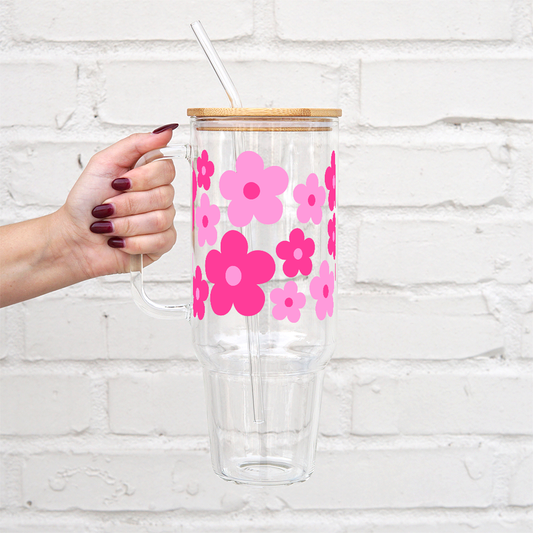 Pink Daisies 40oz Glass Tumbler With Lid and Straw