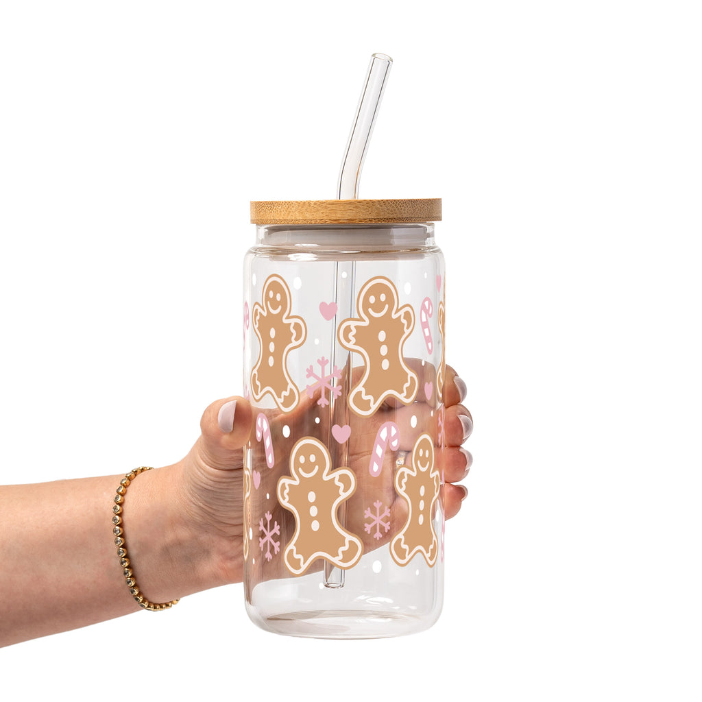 Pink Gingerbread Christmas Glass Cup, Mug & Tumbler with Lid and Straw