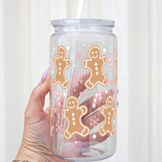 16oz Pink Gingerbread, Peppermint, and Snowflake Christmas Acrylic Plastic Cup with Clear Lid