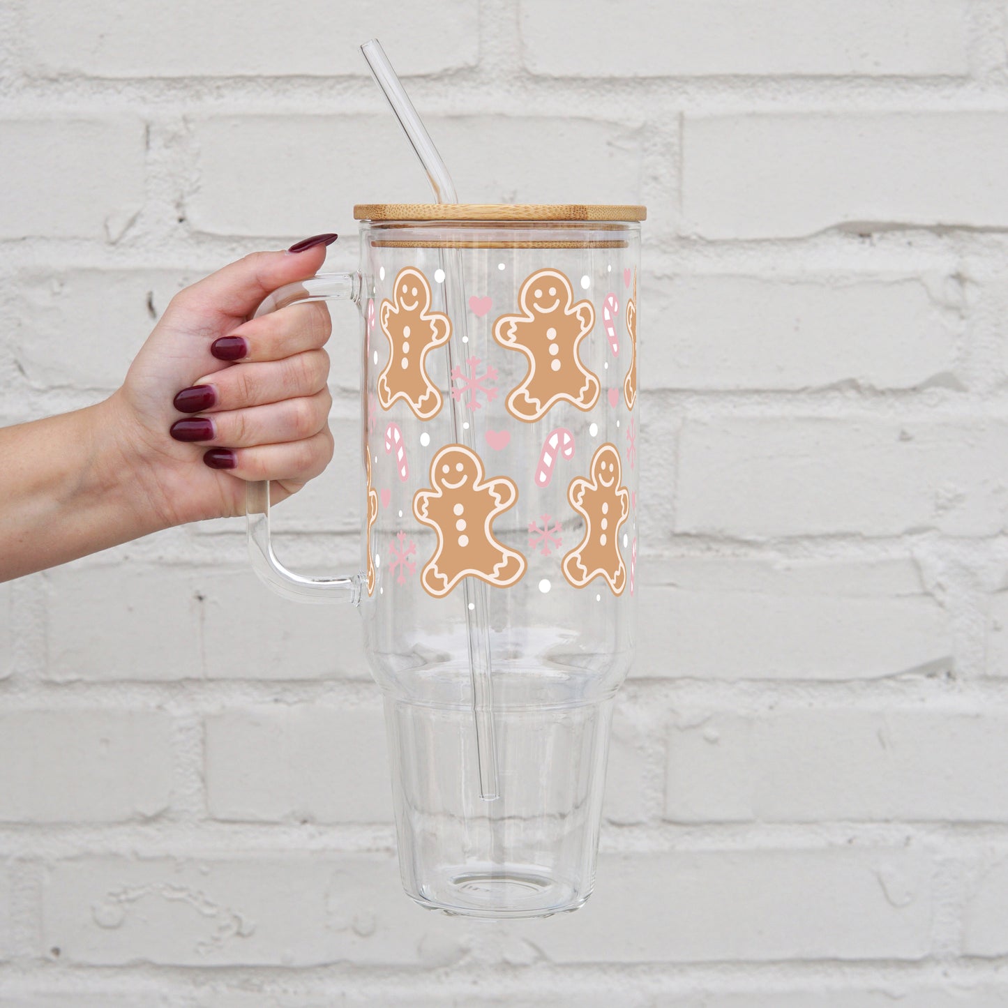 Pink Gingerbread, Peppermint, and Snowflake Christmas 40oz Glass Tumbler With Lid and Straw