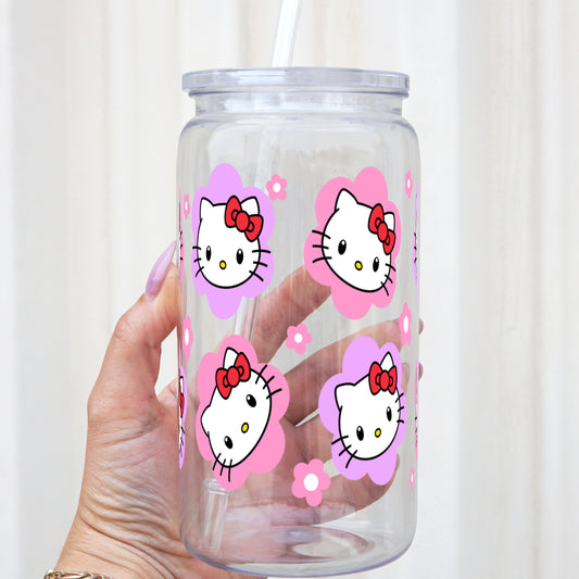 Pink Floral Kitty 16oz Acrylic Plastic Cup with Clear Lid