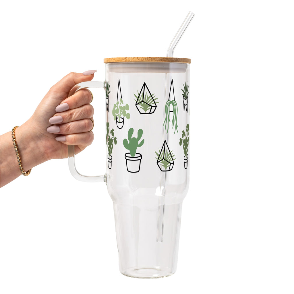 Botanical Greenery Plant Lover Glass Cup, Mug & Tumbler with Lid and Straw