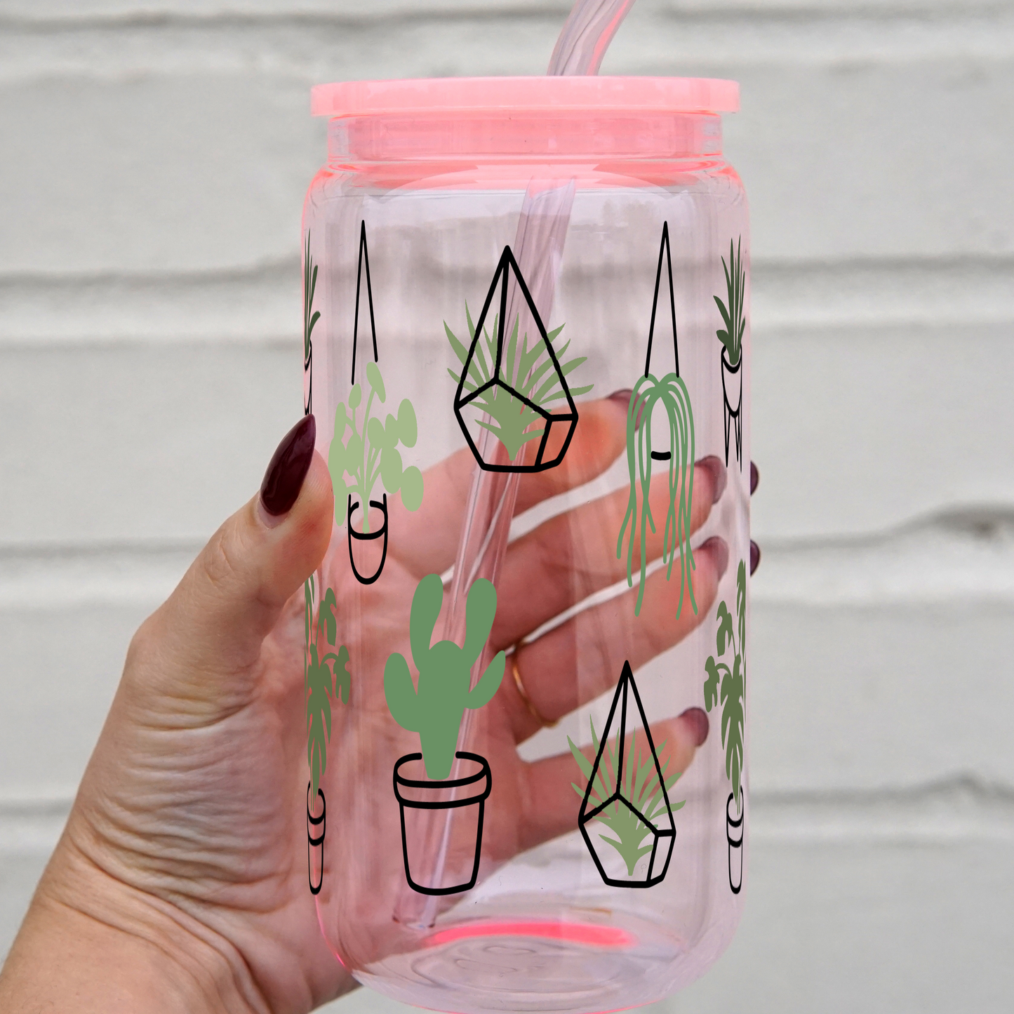 Plants 16oz Glass Can With Lid and Straw