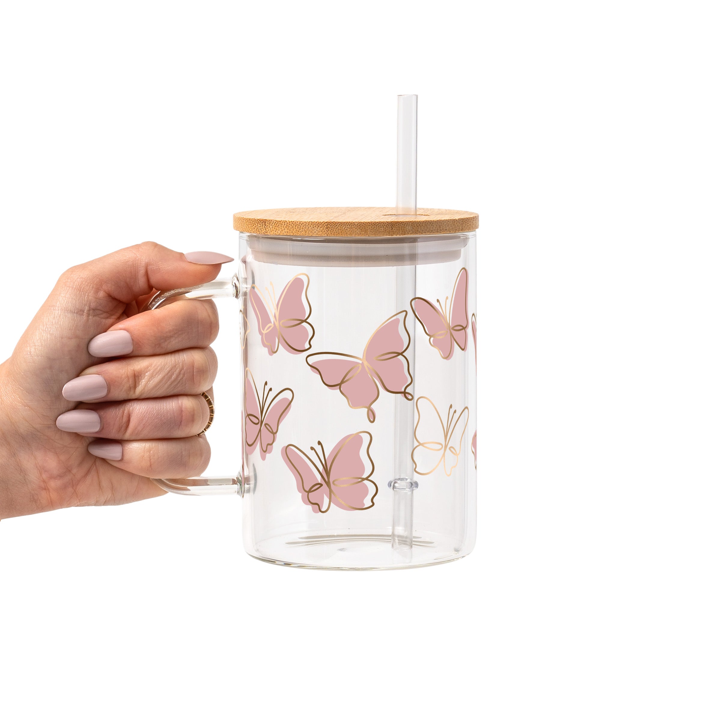 Pink Butterfly Glass Cup, Mug & Tumbler with Lid and Straw