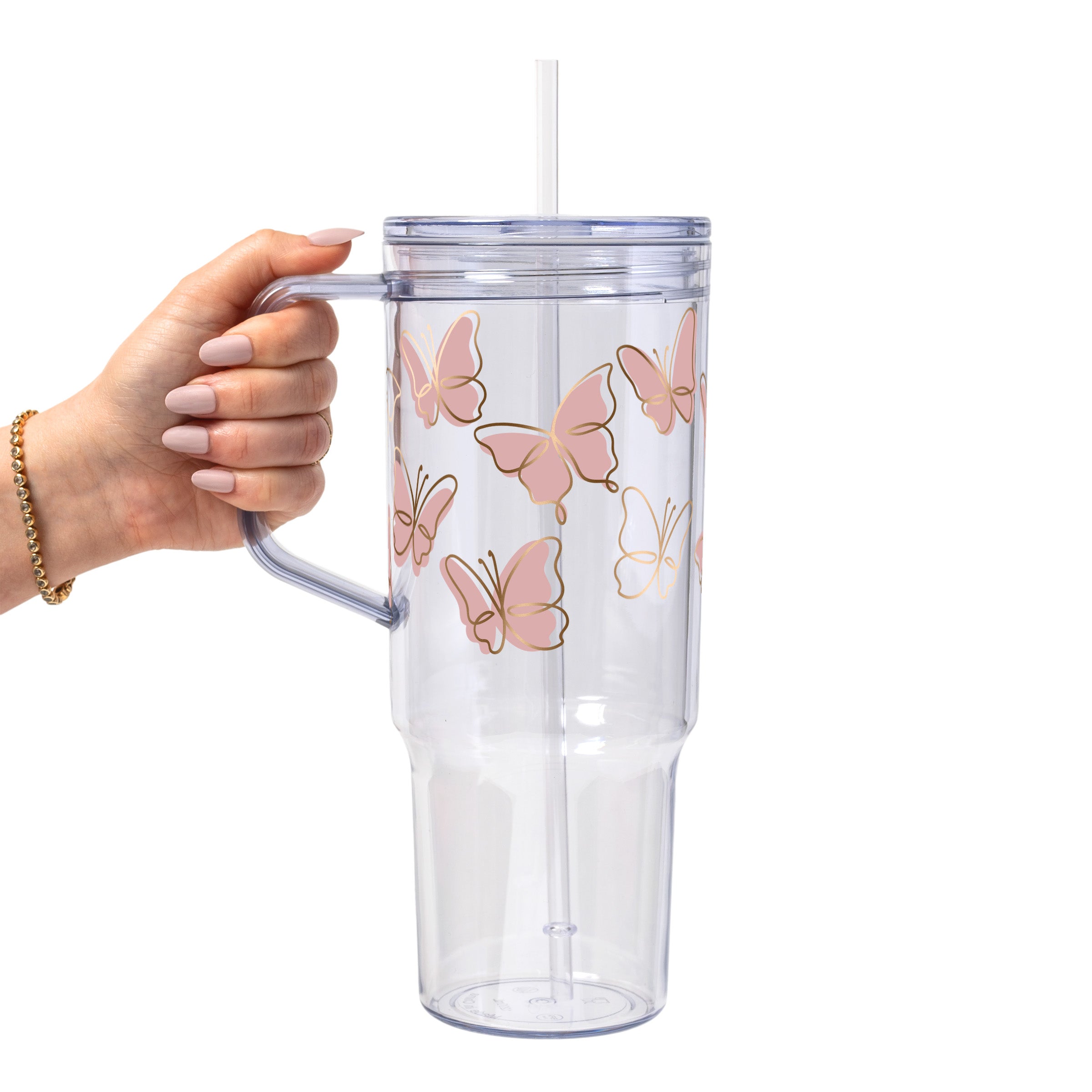 Pink Butterfly Glass Cup, Mug & Tumbler with Lid and Straw