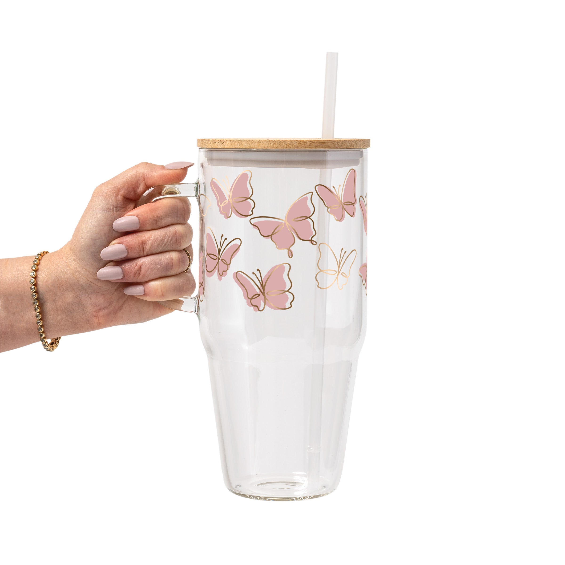 Pink Butterfly Glass Cup, Mug & Tumbler with Lid and Straw