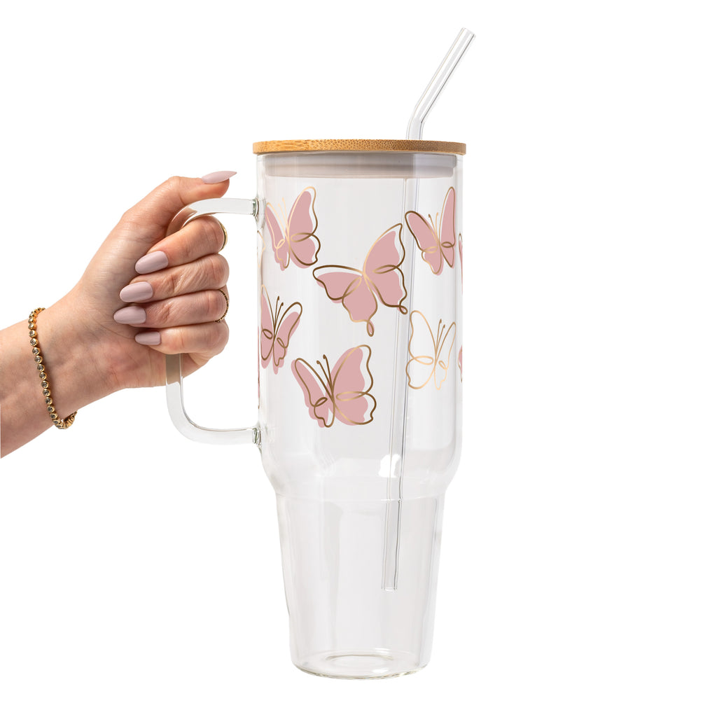 Pink Butterfly Glass Cup, Mug & Tumbler with Lid and Straw