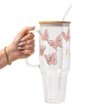Pink Butterfly Glass Cup, Mug & Tumbler with Lid and Straw