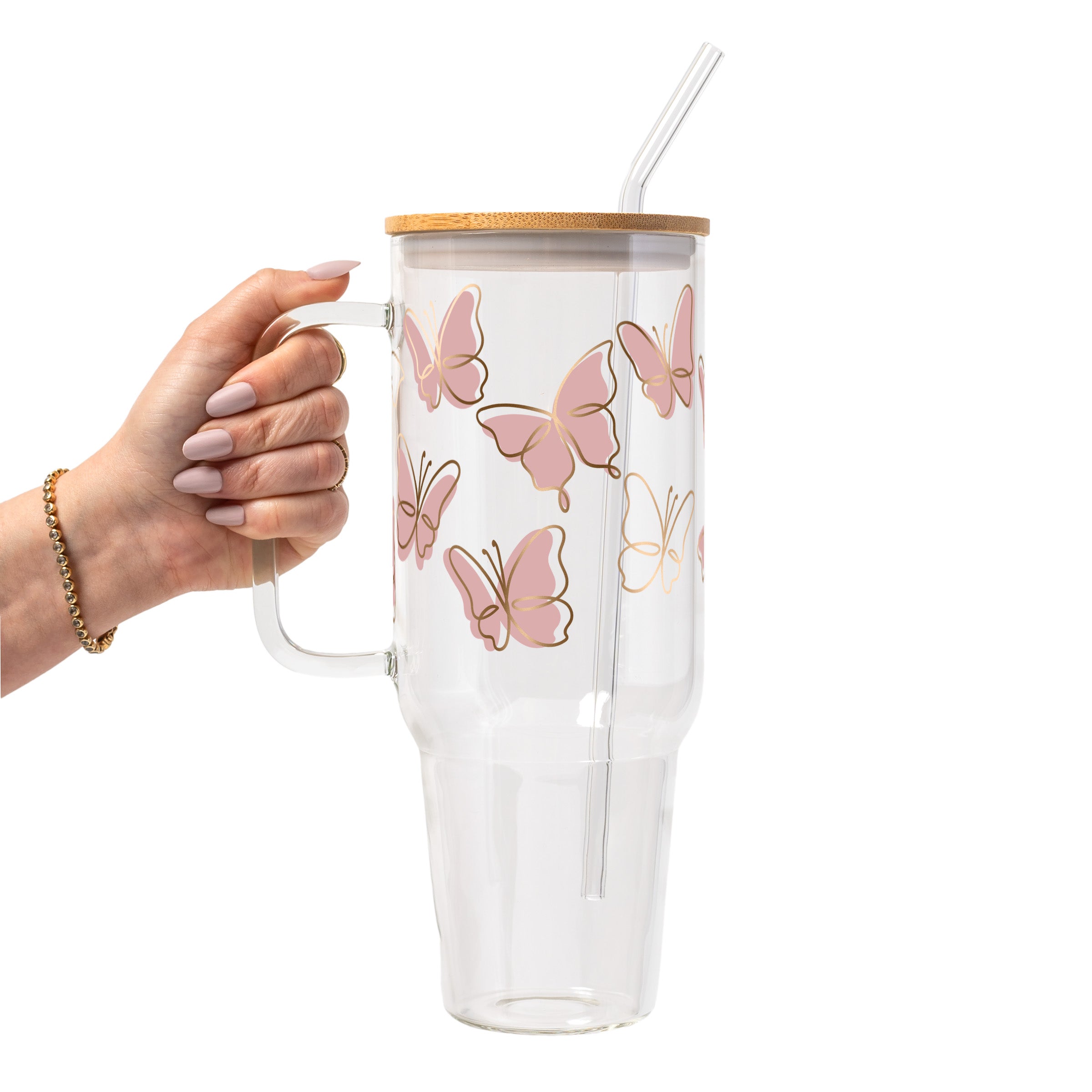 Pink Butterfly Glass Cup, Mug & Tumbler with Lid and Straw