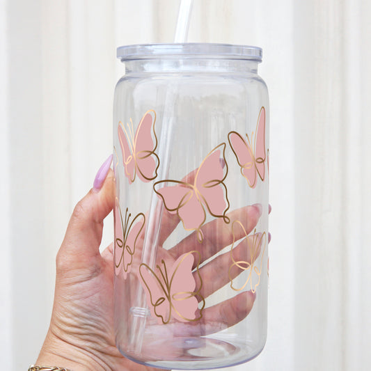 Pink Butterflies 16oz Acrylic Plastic Cup with Clear Lid