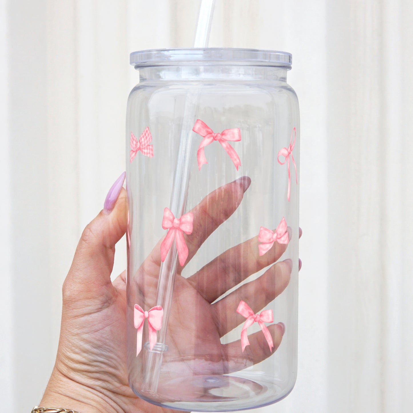 Pink Coquette Bows 16oz Acrylic Plastic Cup with Clear Lid