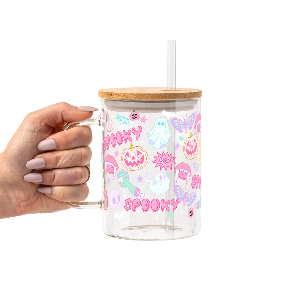 Pastel Pink Halloween Glass Cup, Mug & Tumbler with Lid and Straw