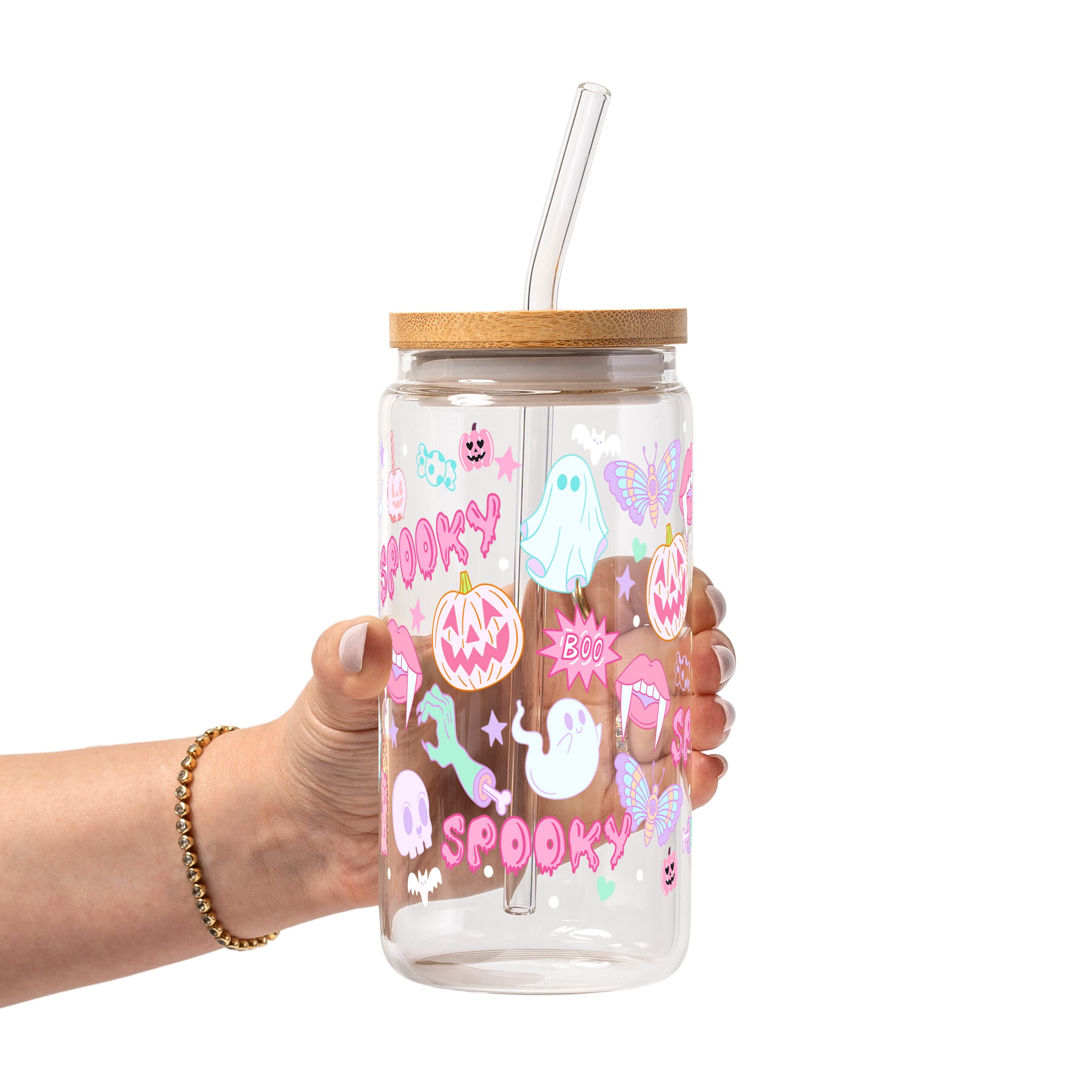 Pastel Pink Halloween Glass Cup, Mug & Tumbler with Lid and Straw