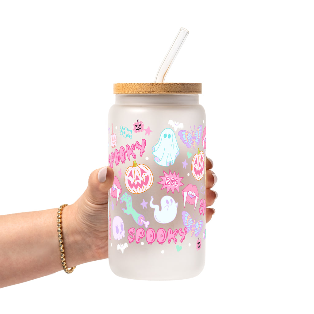 Pastel Pink Halloween Glass Cup, Mug & Tumbler with Lid and Straw