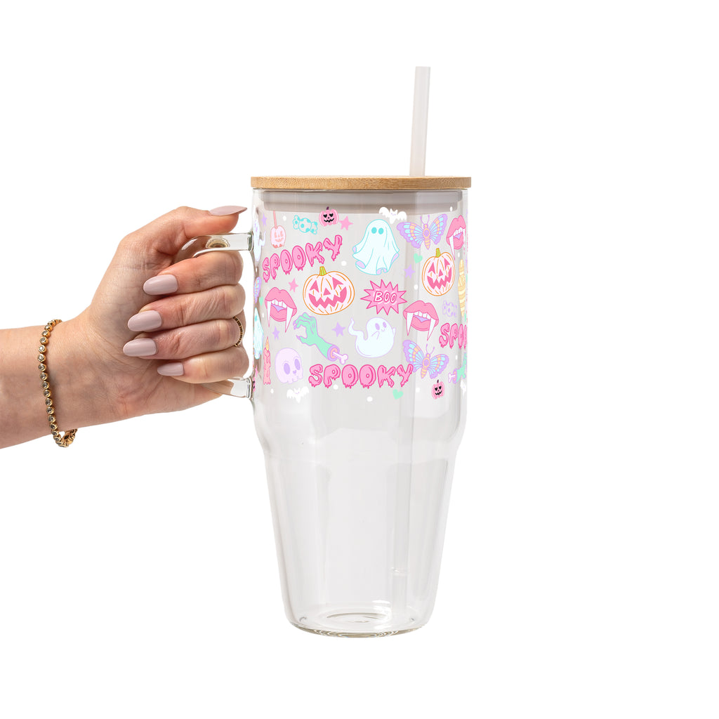 Pastel Pink Halloween Glass Cup, Mug & Tumbler with Lid and Straw