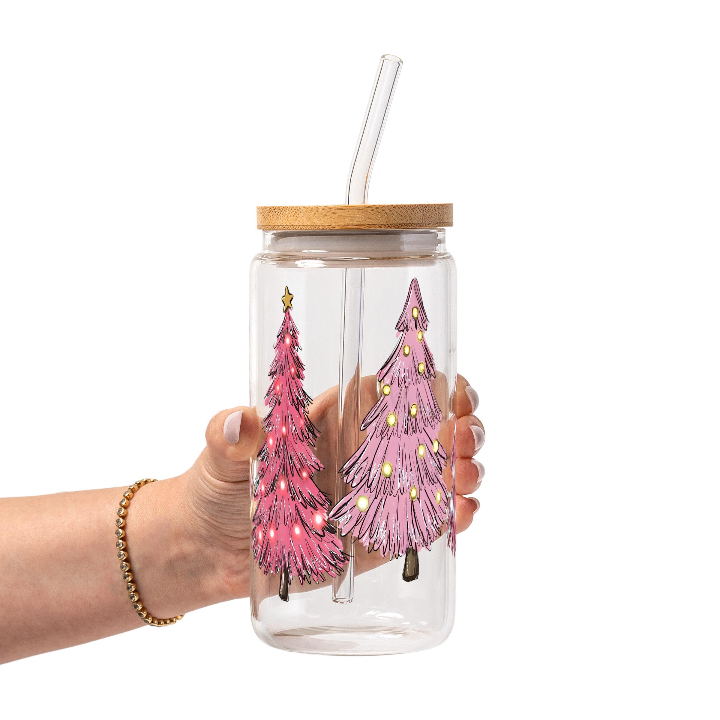 Pink Christmas Trees Glass Cup, Mug & Tumbler with Lid and Straw