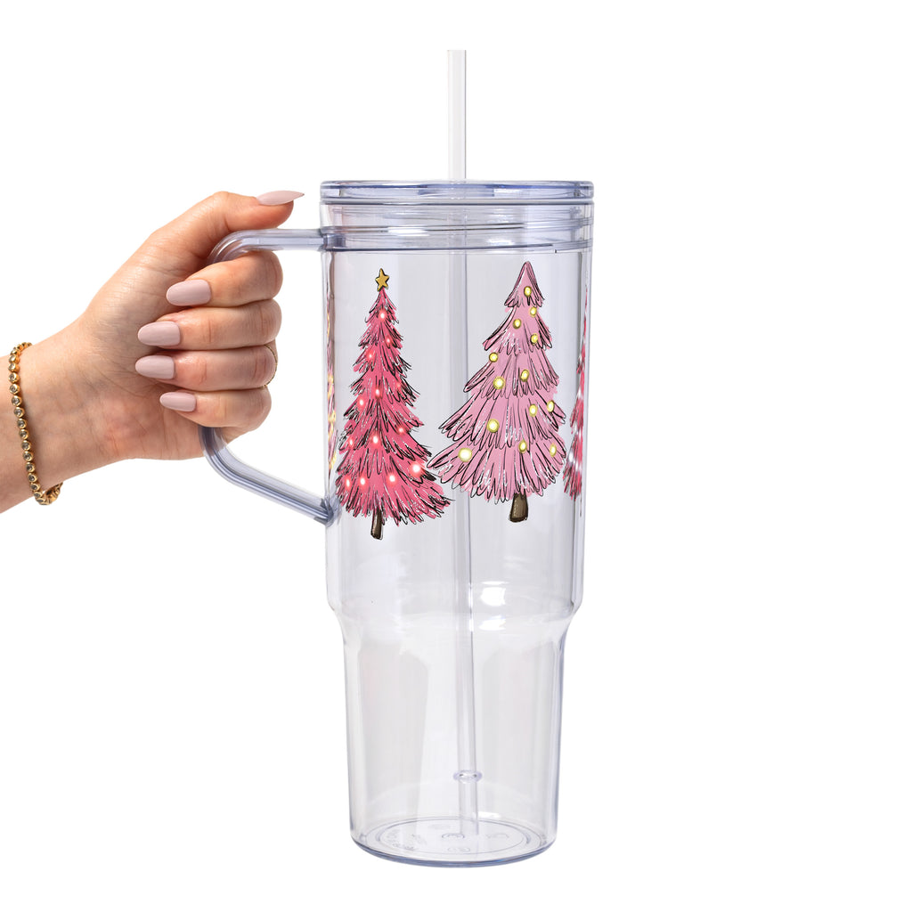 Pink Christmas Trees Glass Cup, Mug & Tumbler with Lid and Straw
