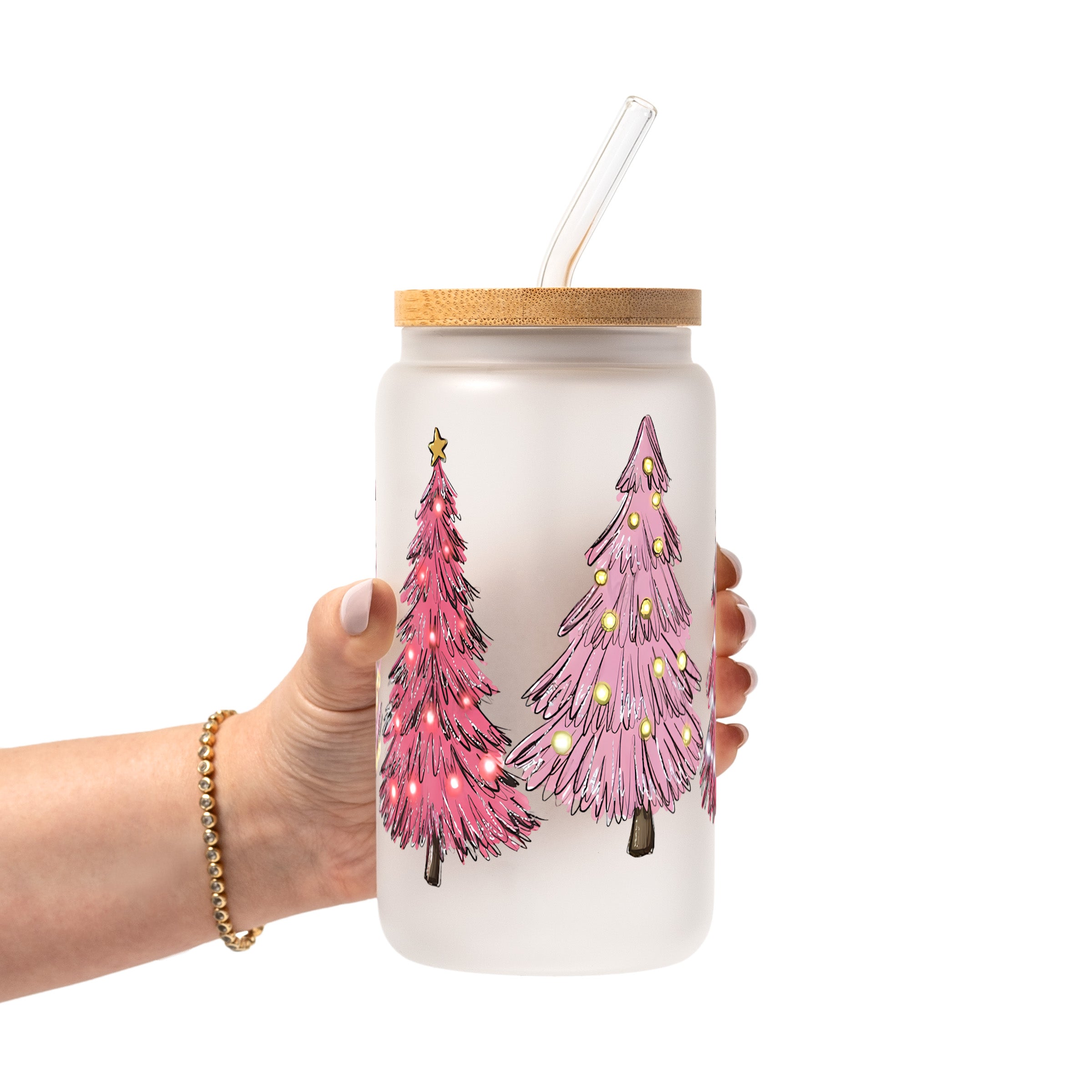 Pink Christmas Trees Glass Cup, Mug & Tumbler with Lid and Straw