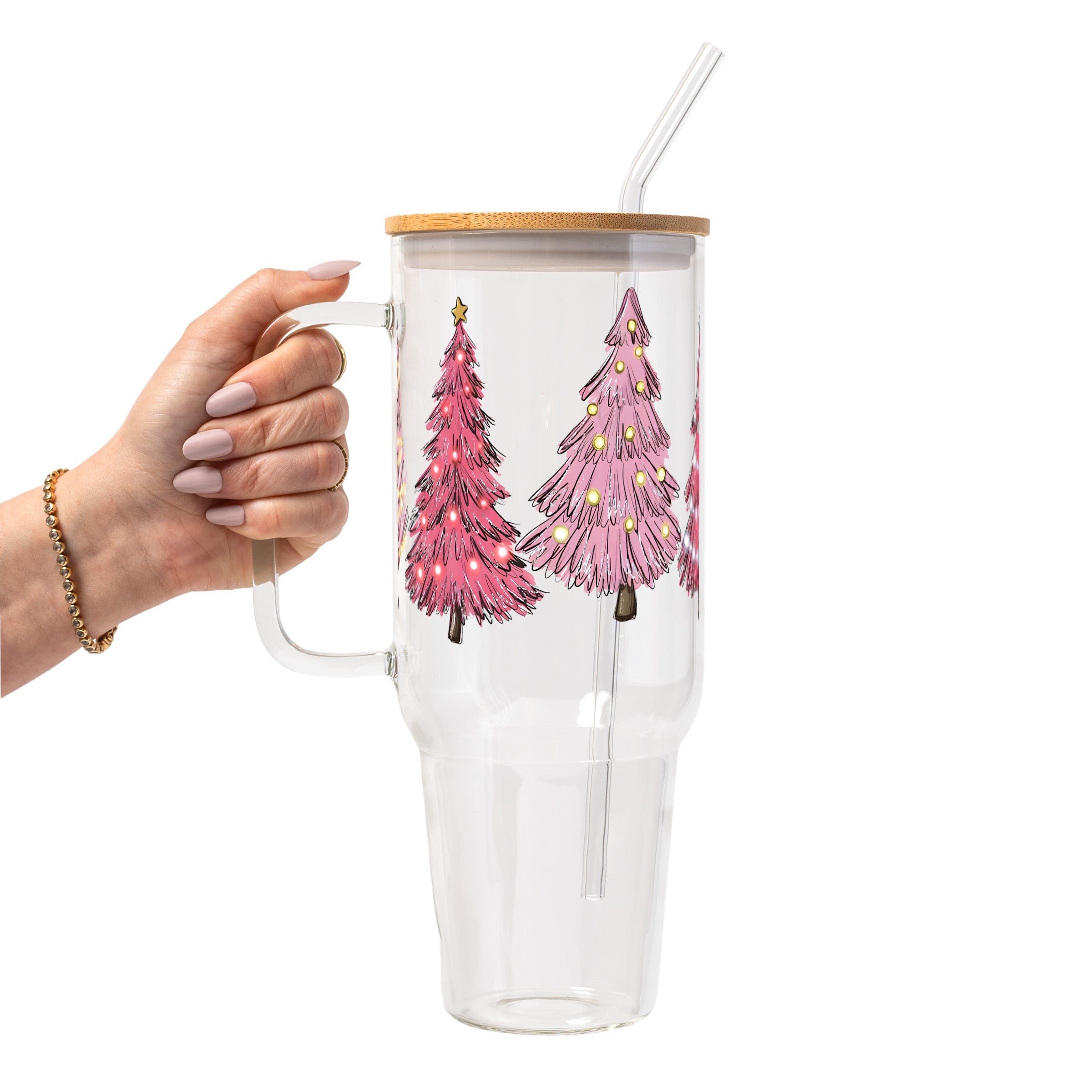 Pink Christmas Trees Glass Cup, Mug & Tumbler with Lid and Straw
