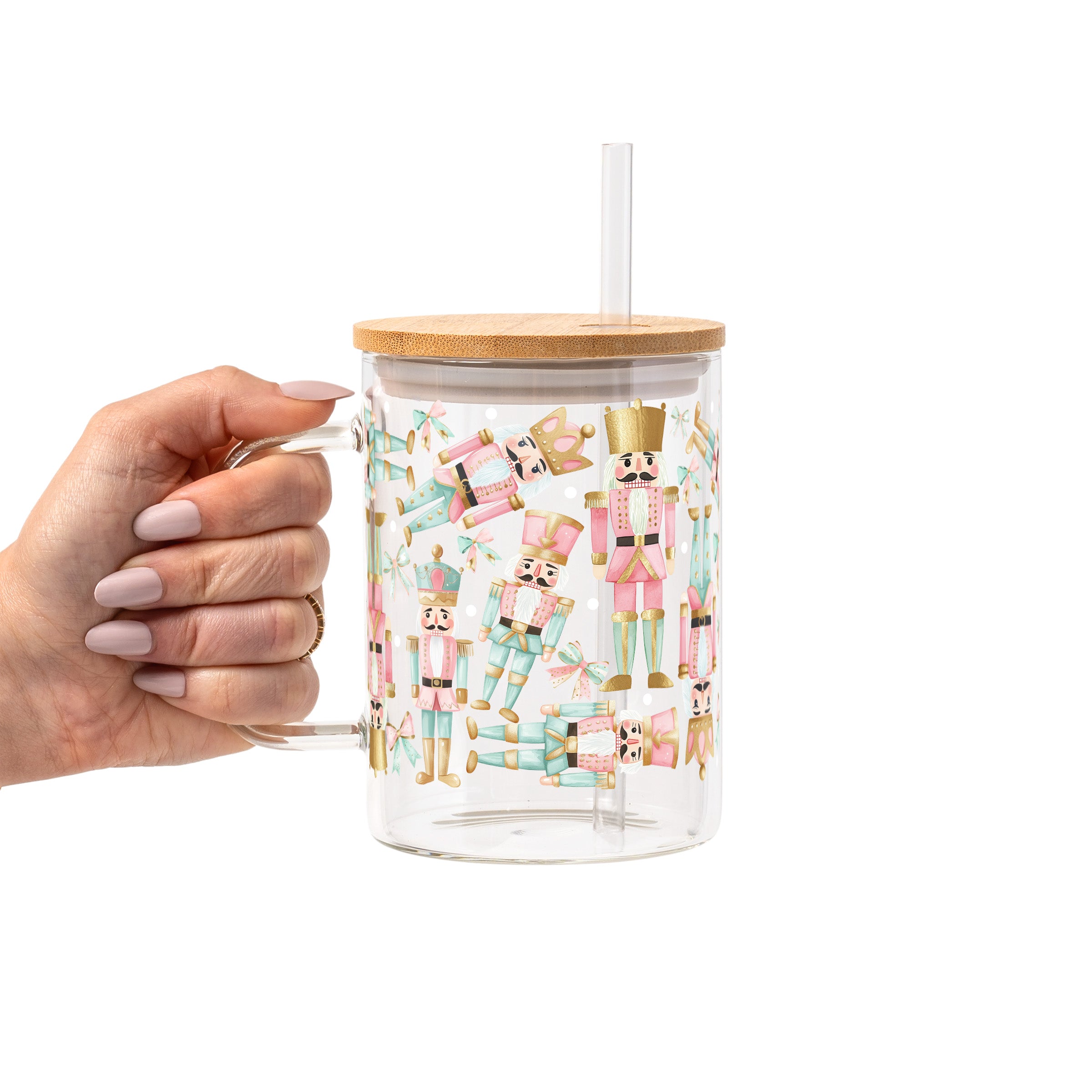 Pink Nutcracker Christmas Glass Cup, Mug & Tumbler with Lid and Straw