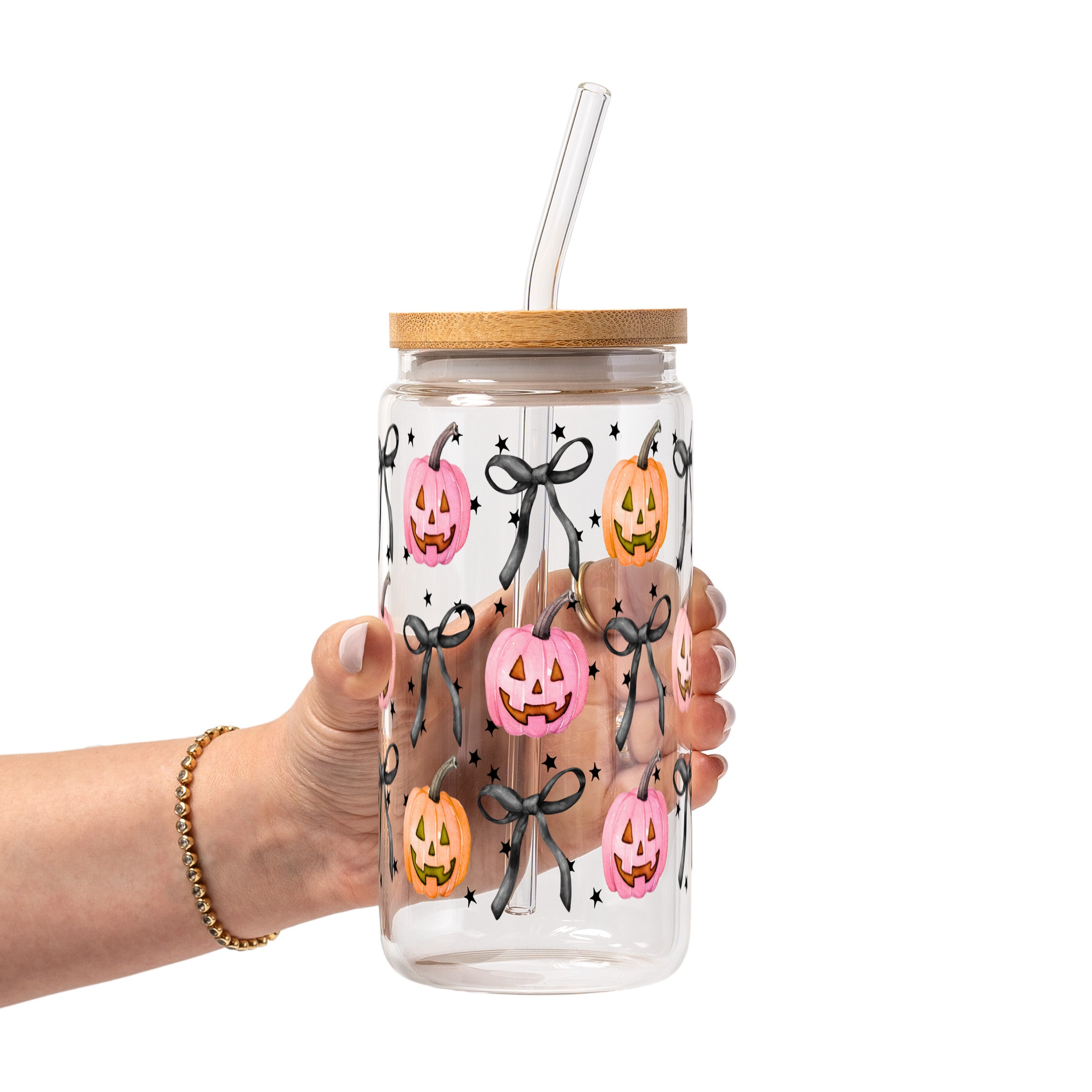 Halloween Coquette Pumpkins Glass Cup, Mug & Tumbler with Lid and Straw