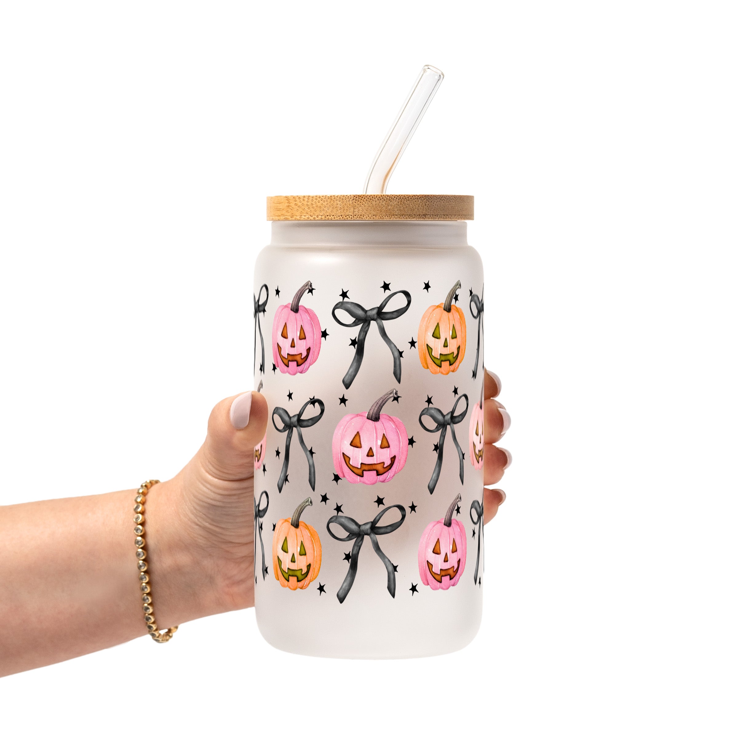Halloween Coquette Pumpkins Glass Cup, Mug & Tumbler with Lid and Straw