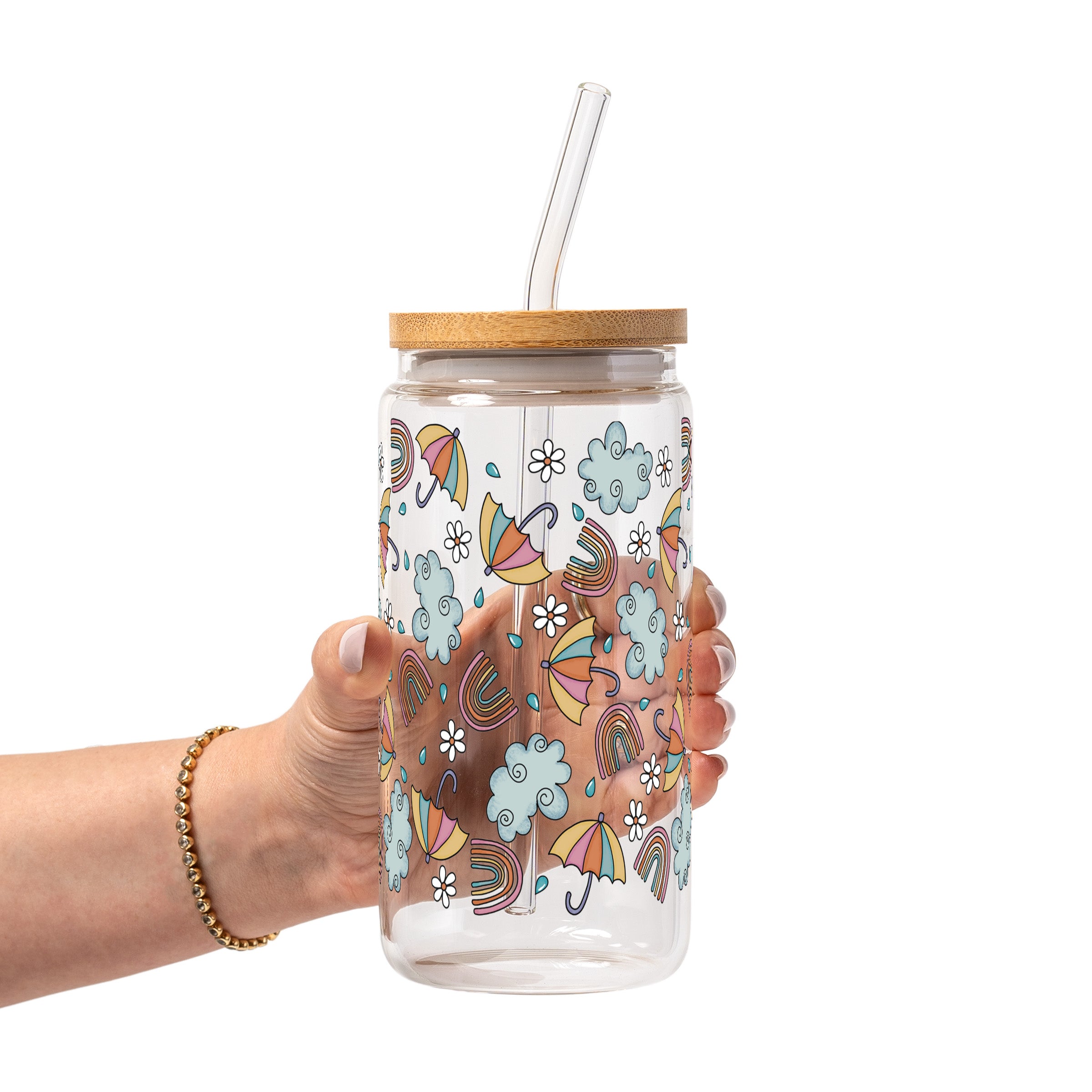 Spring Umbrella Aesthetic Glass Cup, Mug & Tumbler with Lid and Straw