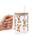 Christmas Reindeer Candy Cane Glass Cup, Mug & Tumbler with Lid and Straw