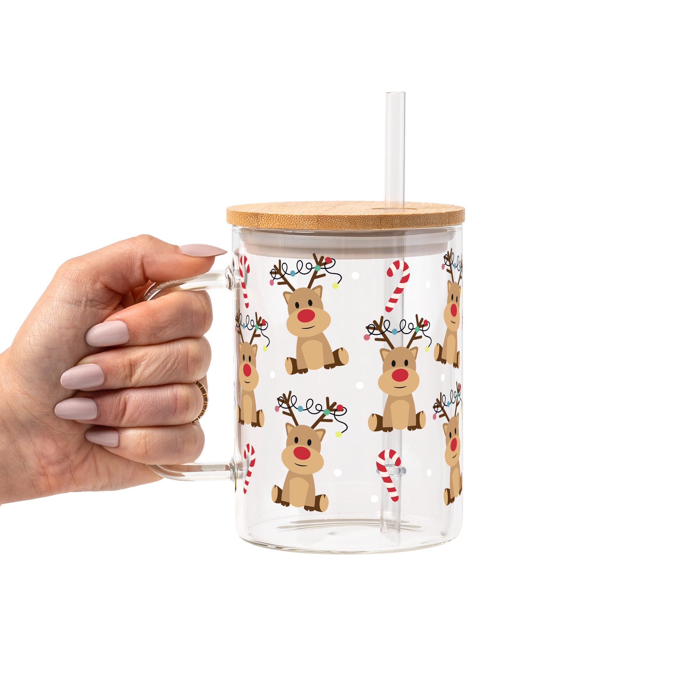 Christmas Reindeer Candy Cane Glass Cup, Mug & Tumbler with Lid and Straw