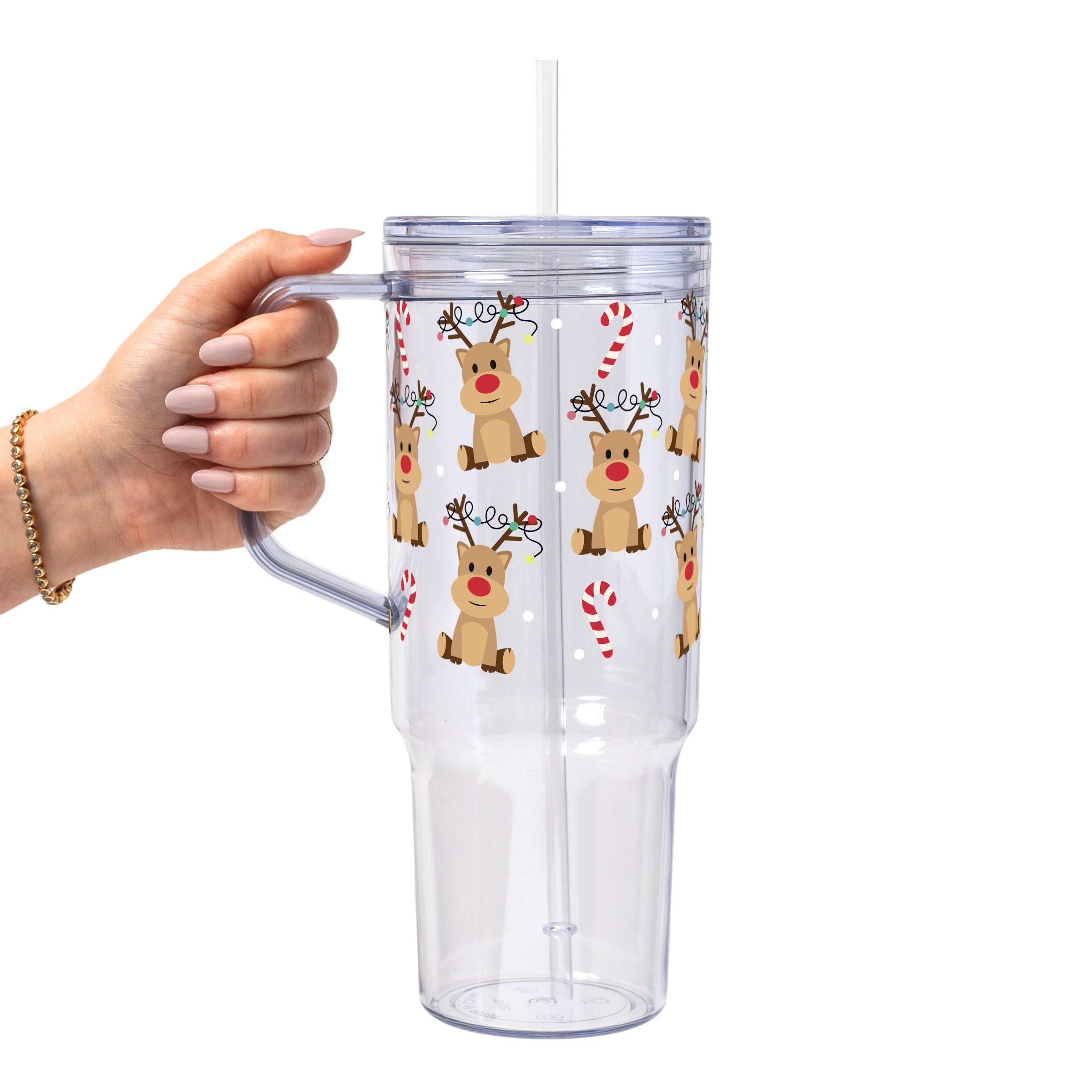 Christmas Reindeer Candy Cane Glass Cup, Mug & Tumbler with Lid and Straw
