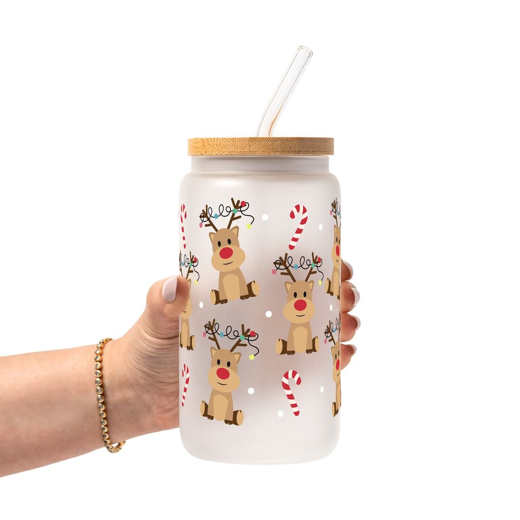Christmas Reindeer Candy Cane Glass Cup, Mug & Tumbler with Lid and Straw