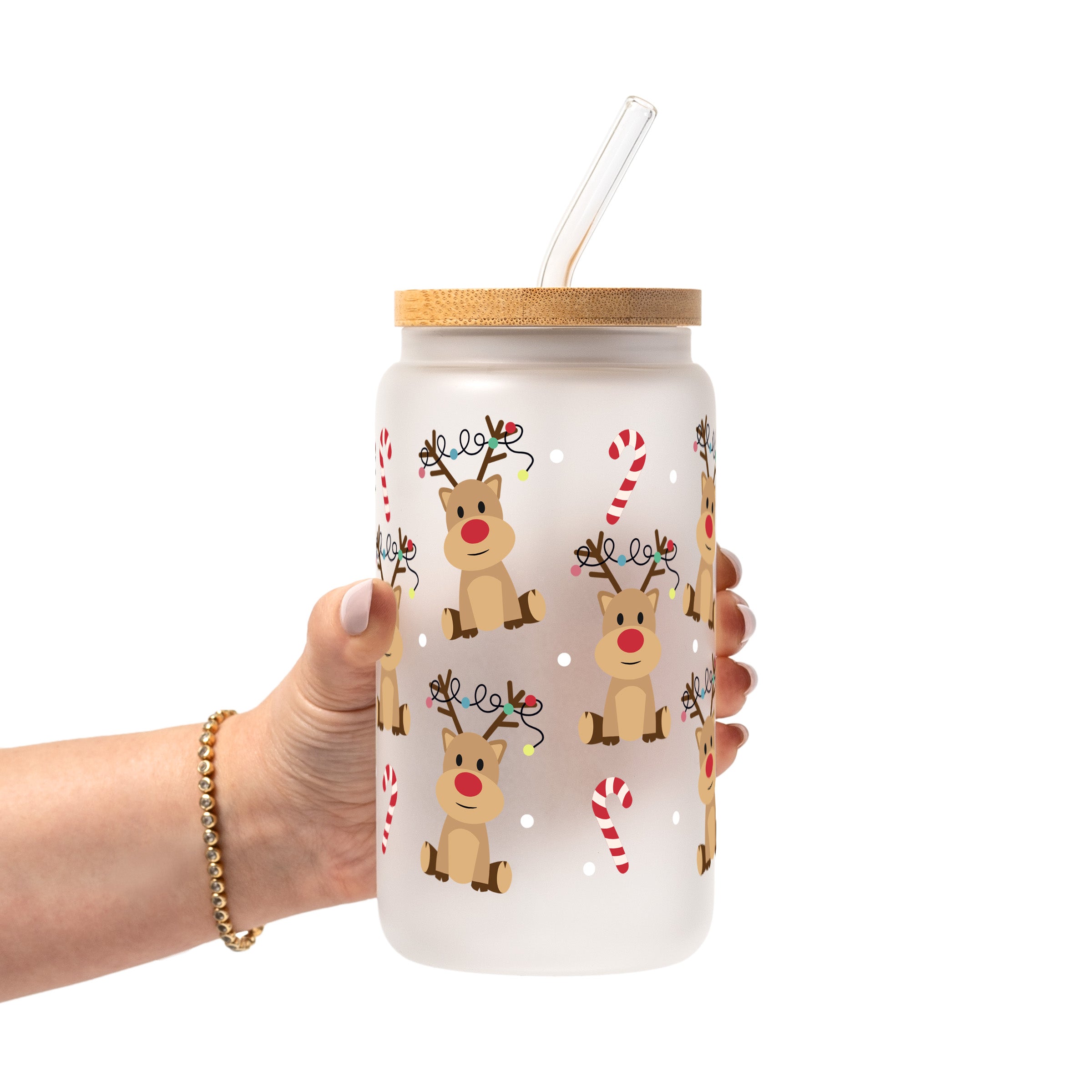 Christmas Reindeer Candy Cane Glass Cup, Mug & Tumbler with Lid and Straw