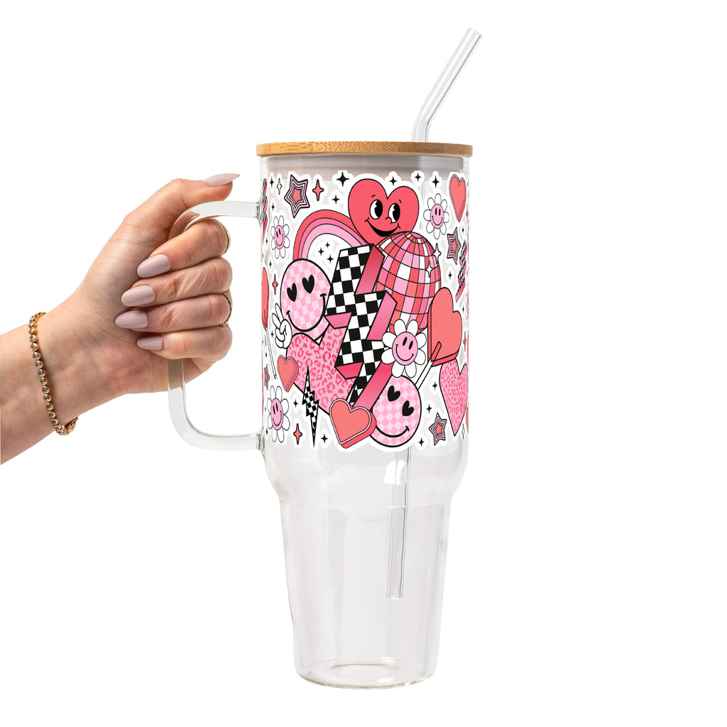 Retro Valentine Smiley Heart Glass Cup, Mug & Tumbler with Lid and Straw