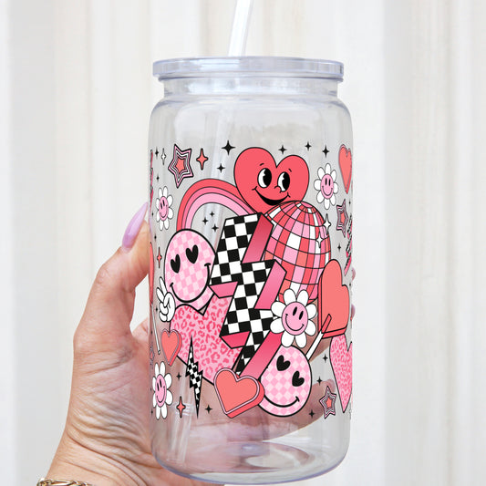 16oz Retro Groovy Valentine Acrylic Plastic Cup with Clear Lid