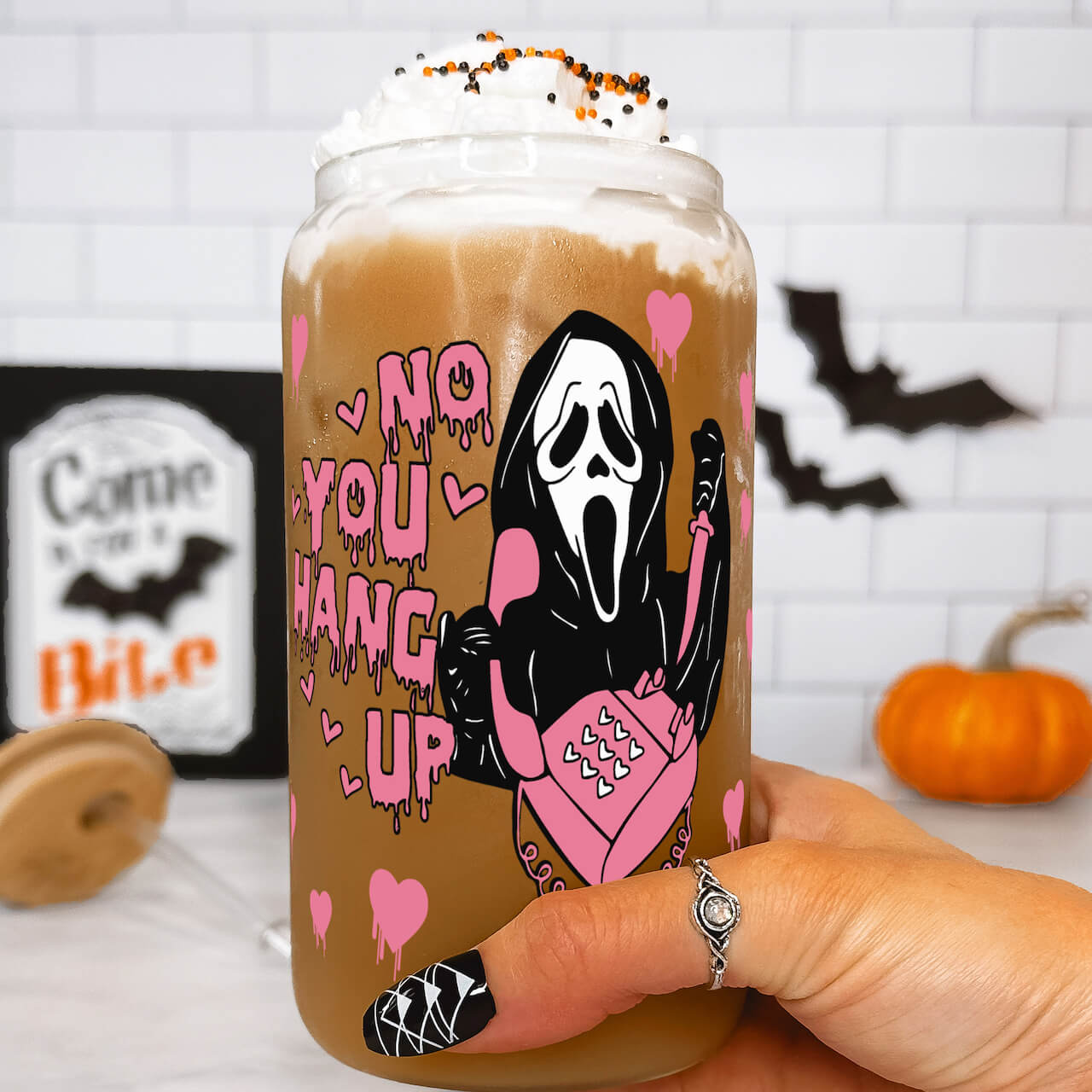 Scream Ghostface Halloween 16oz Glass Can Cup With Lid and Straw 