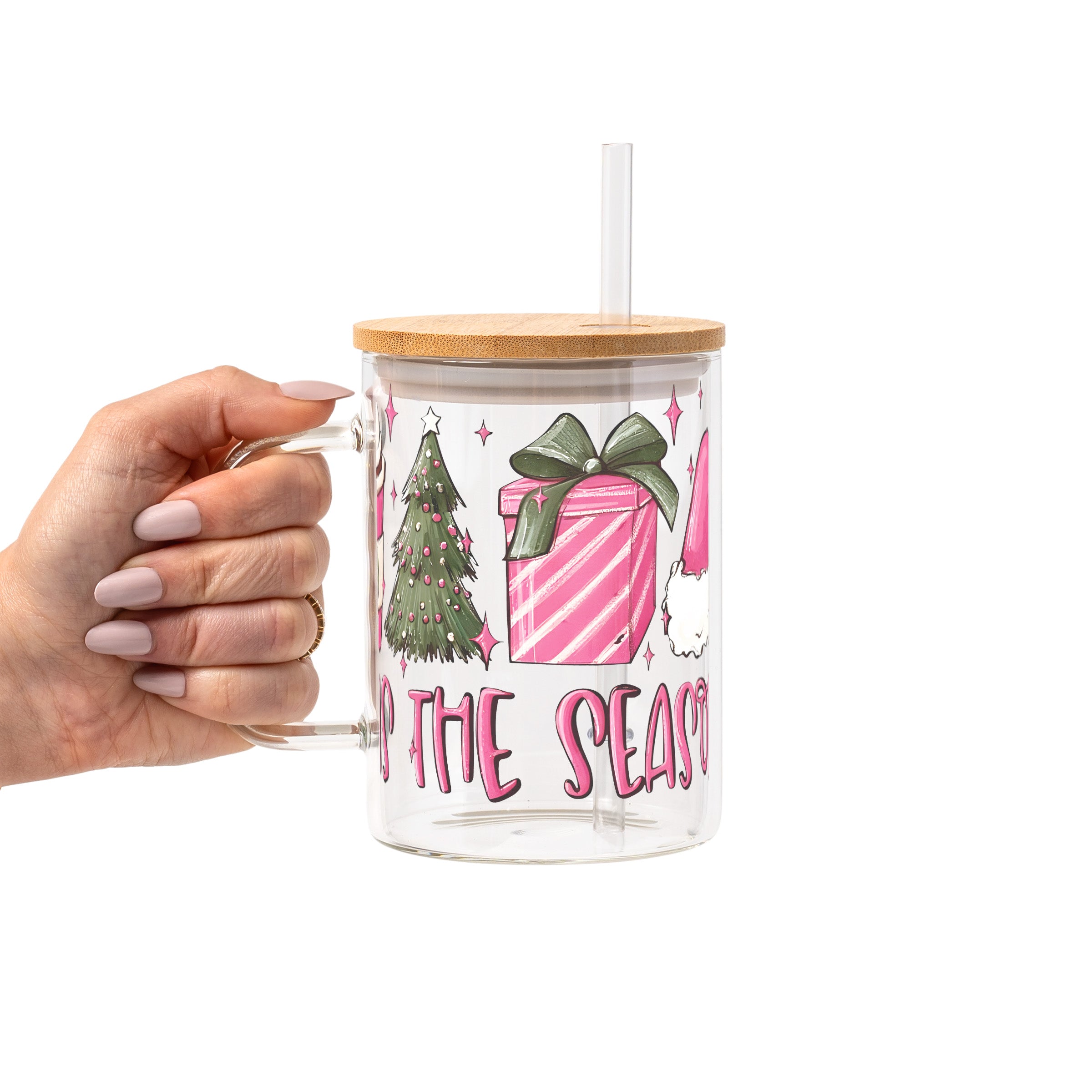 Tis The Season Christmas Glass Cup, Mug & Tumbler with Lid and Straw