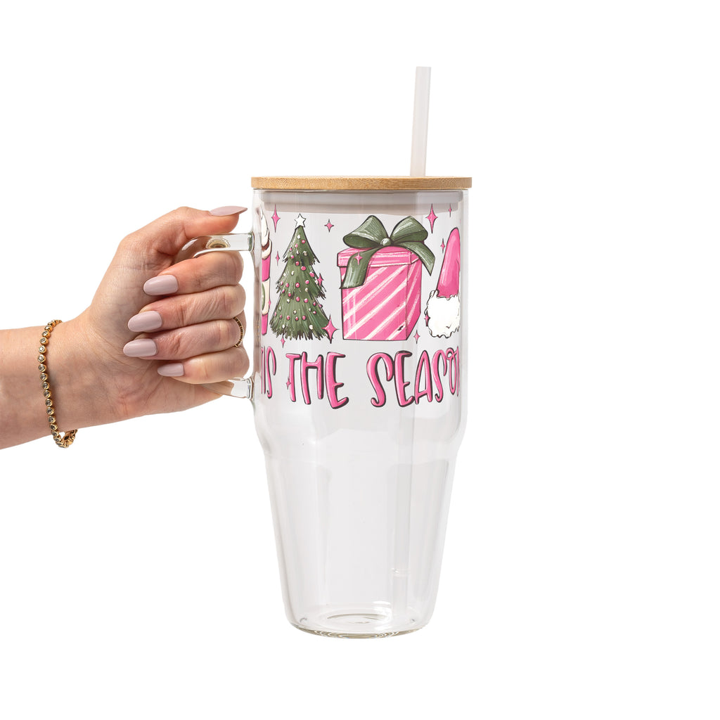 Tis The Season Christmas Glass Cup, Mug & Tumbler with Lid and Straw