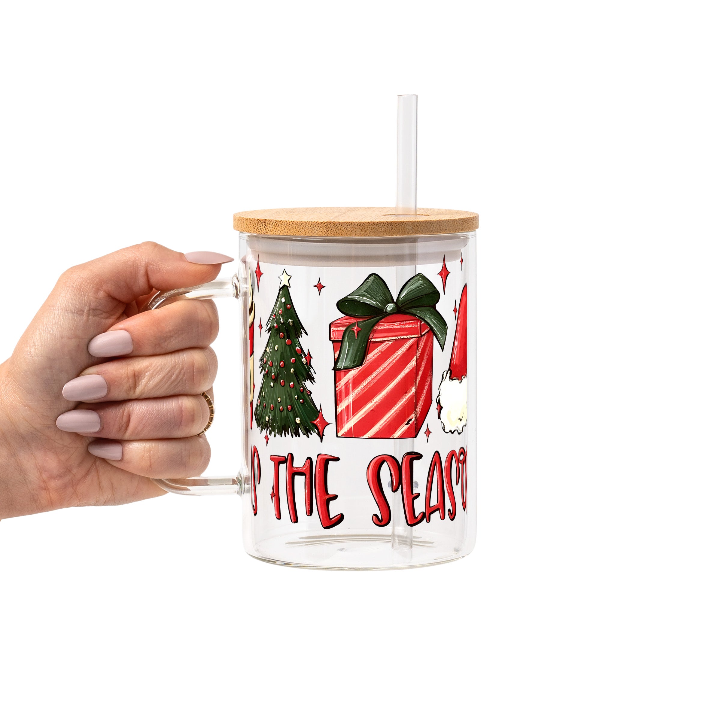 Tis The Season Christmas Glass Cup, Mug & Tumbler with Lid and Straw