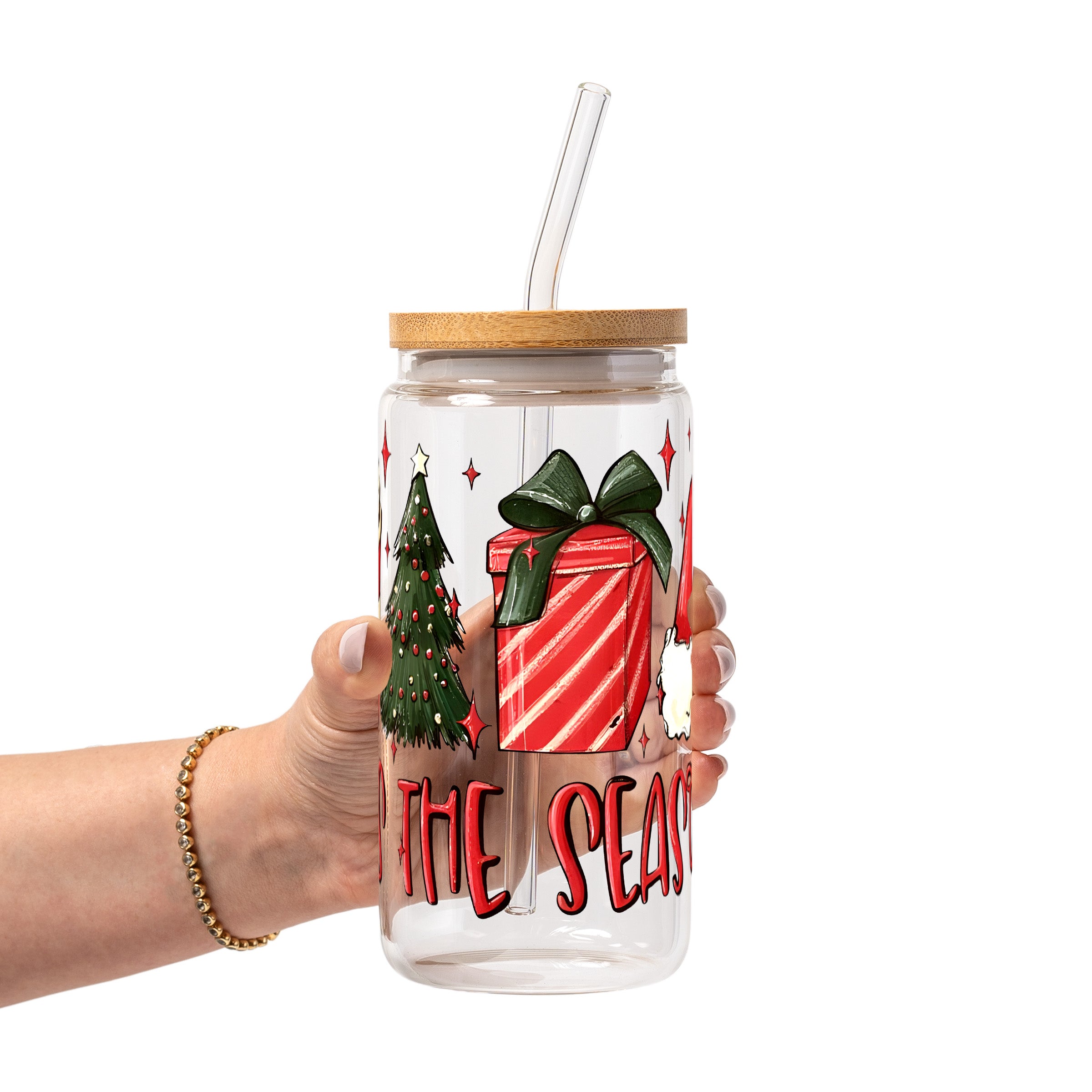 Tis The Season Christmas Glass Cup, Mug & Tumbler with Lid and Straw