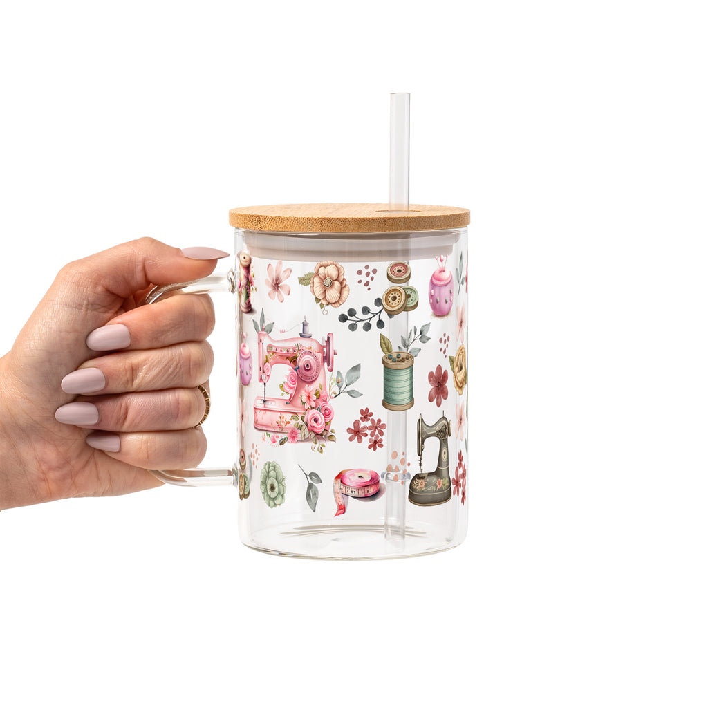 Sewing Florals Glass Cup, Mug & Tumbler with Lid and Straw