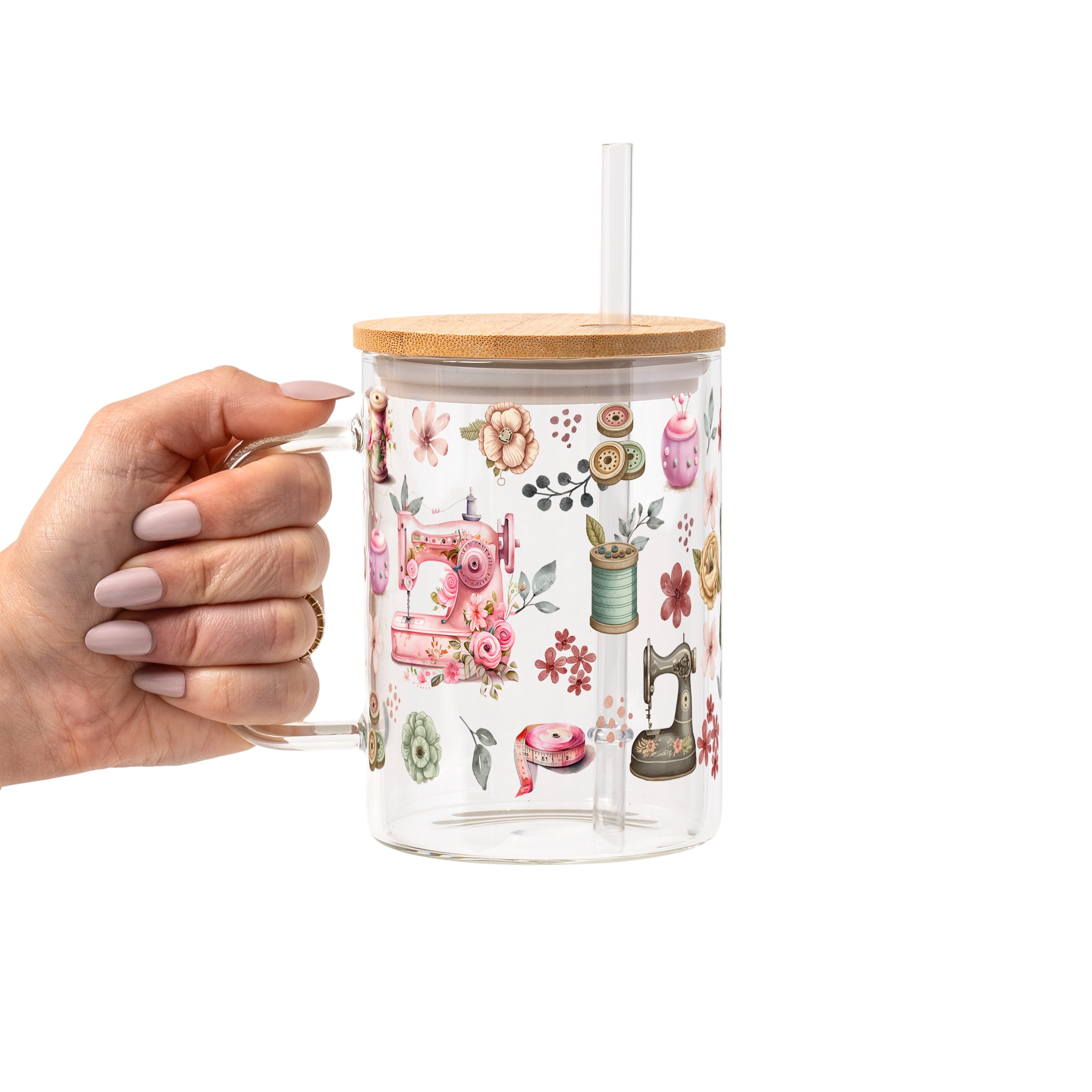 Sewing Florals Glass Cup, Mug & Tumbler with Lid and Straw
