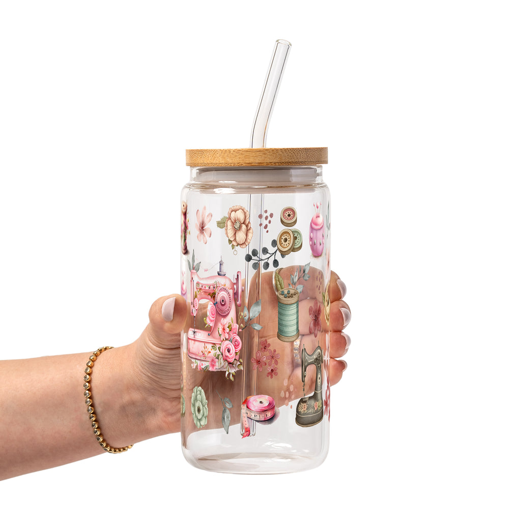 Sewing Florals Glass Cup, Mug & Tumbler with Lid and Straw