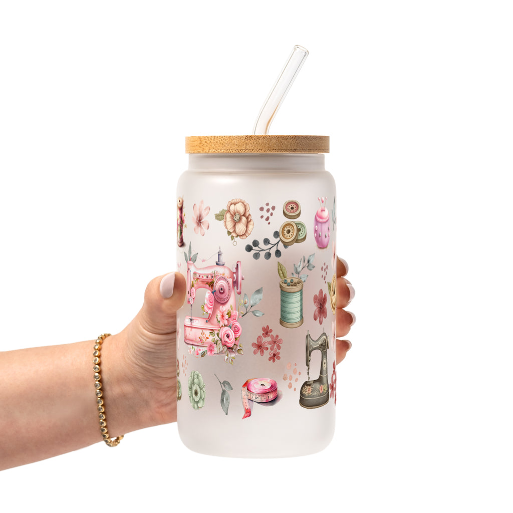 Sewing Florals Glass Cup, Mug & Tumbler with Lid and Straw