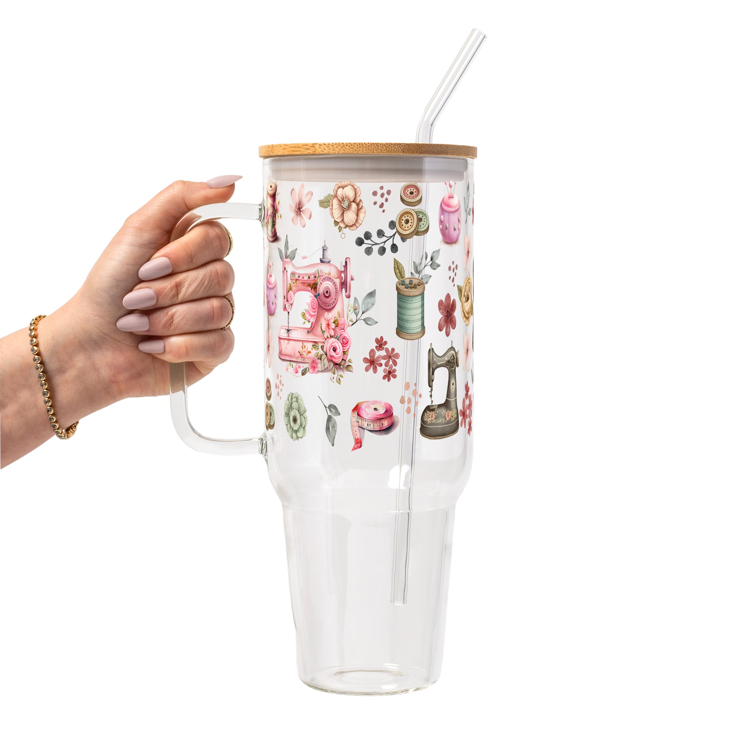 Sewing Florals Glass Cup, Mug & Tumbler with Lid and Straw